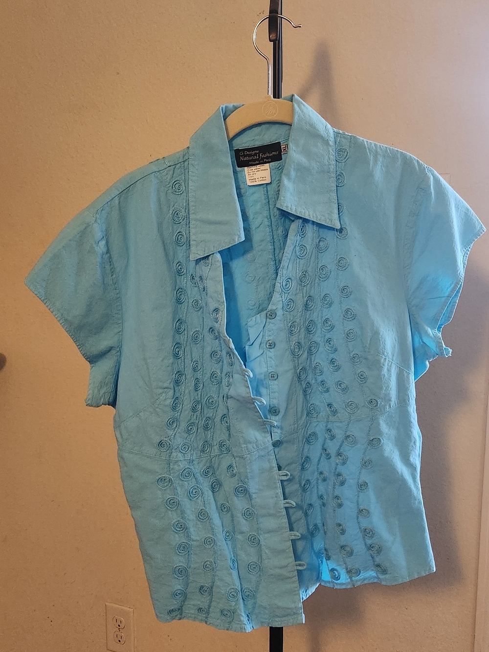 Light Blue Embroidered Short-Sleeve Button Front Blouse